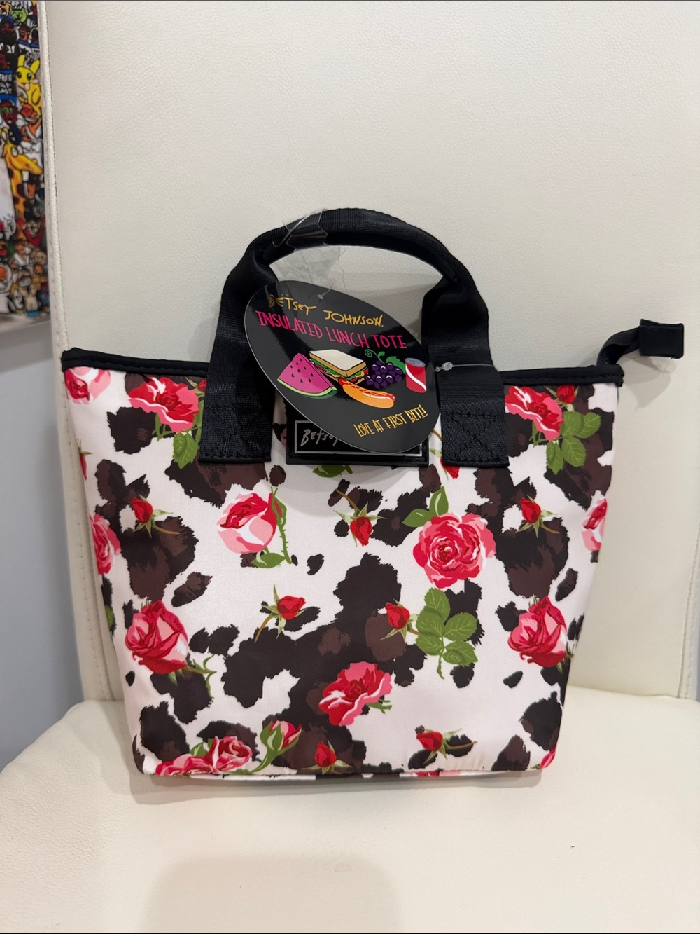 Betsey Johnson White/Rose/Green Print Insulated Tote Bag